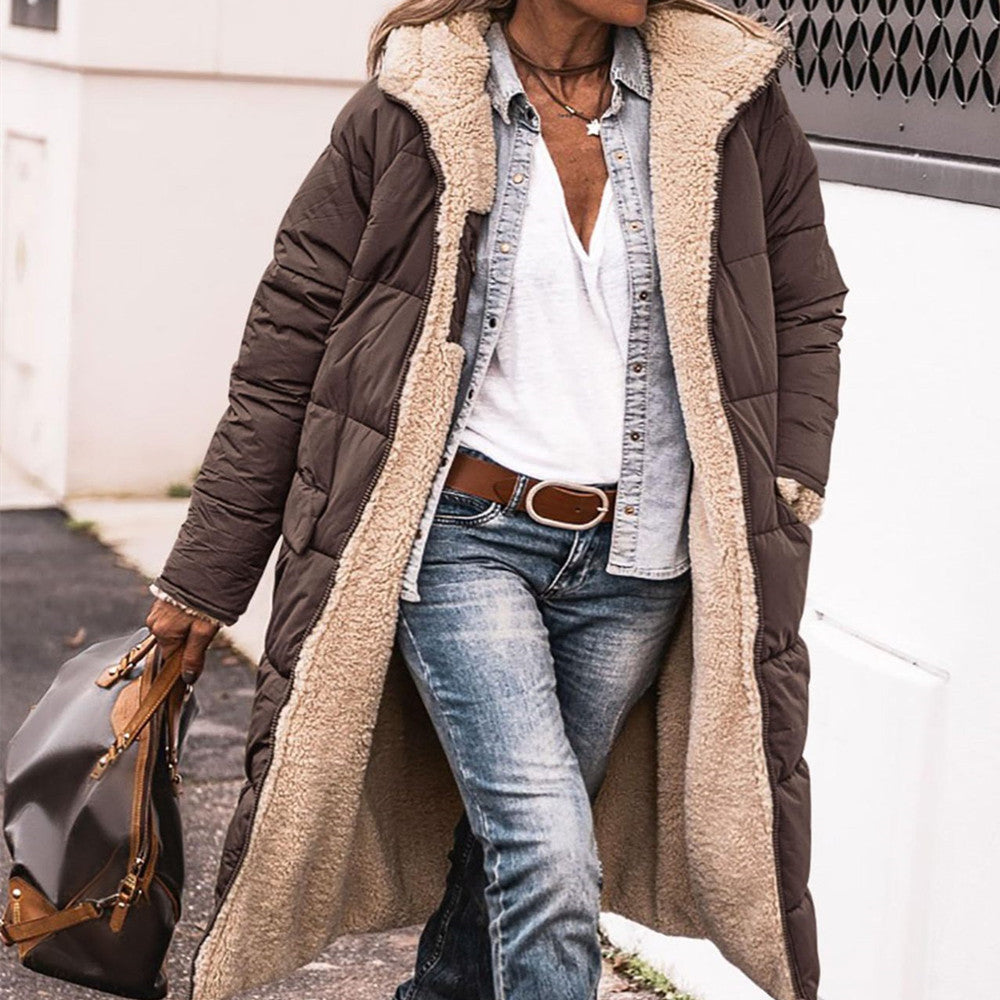 Women’s Hooded Long Coat – Double-Sided Wear Slim Winter Cardigan Jacket
