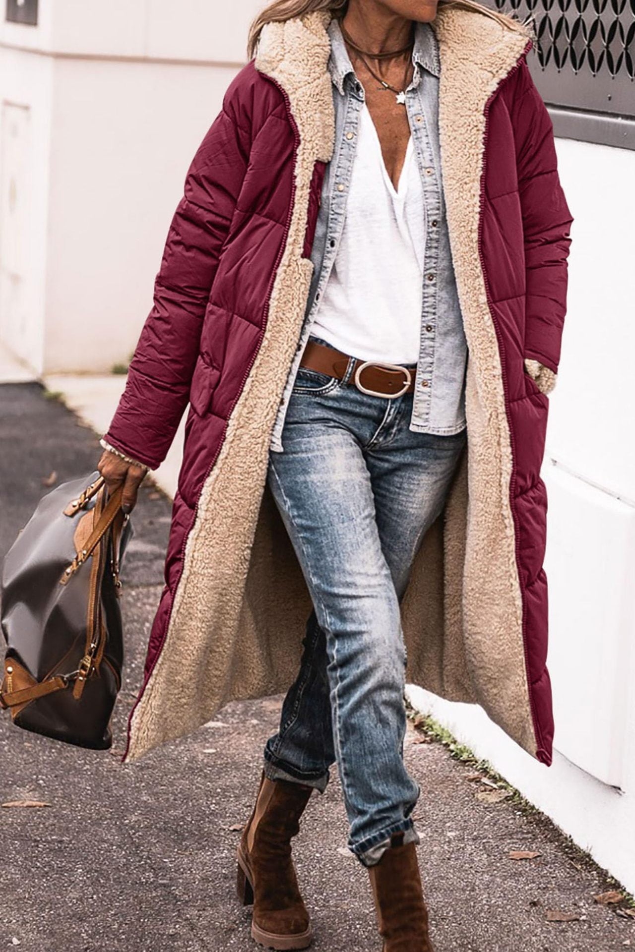 Women’s Hooded Long Coat – Double-Sided Wear Slim Winter Cardigan Jacket