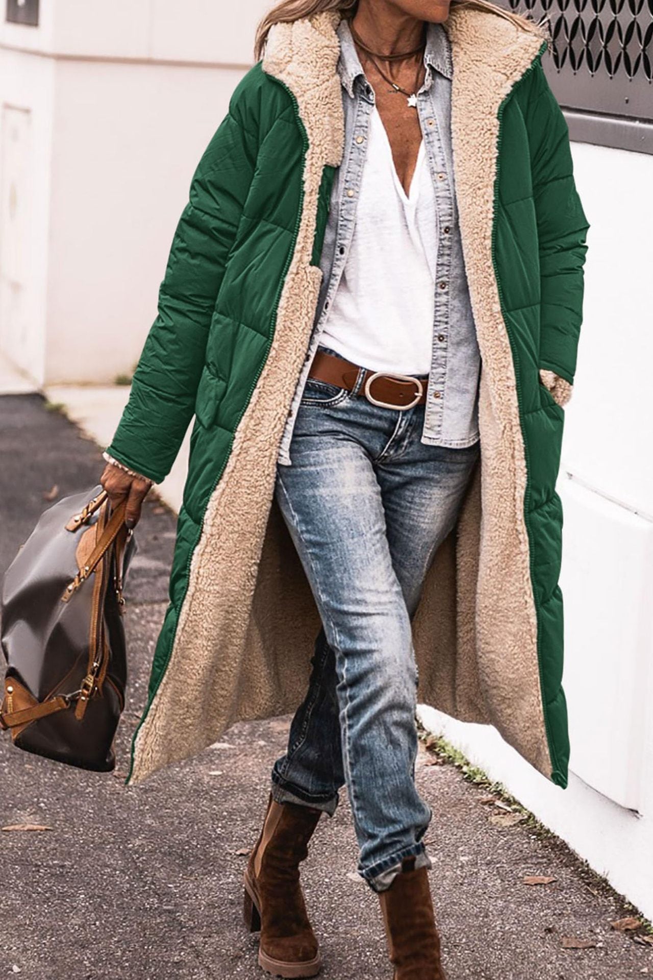 Women’s Hooded Long Coat – Double-Sided Wear Slim Winter Cardigan Jacket