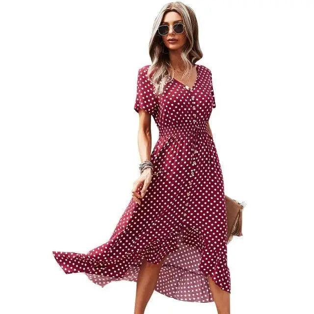 Women’s Boho Polka Dot Maxi Dress – Short Sleeve Beach Party Style