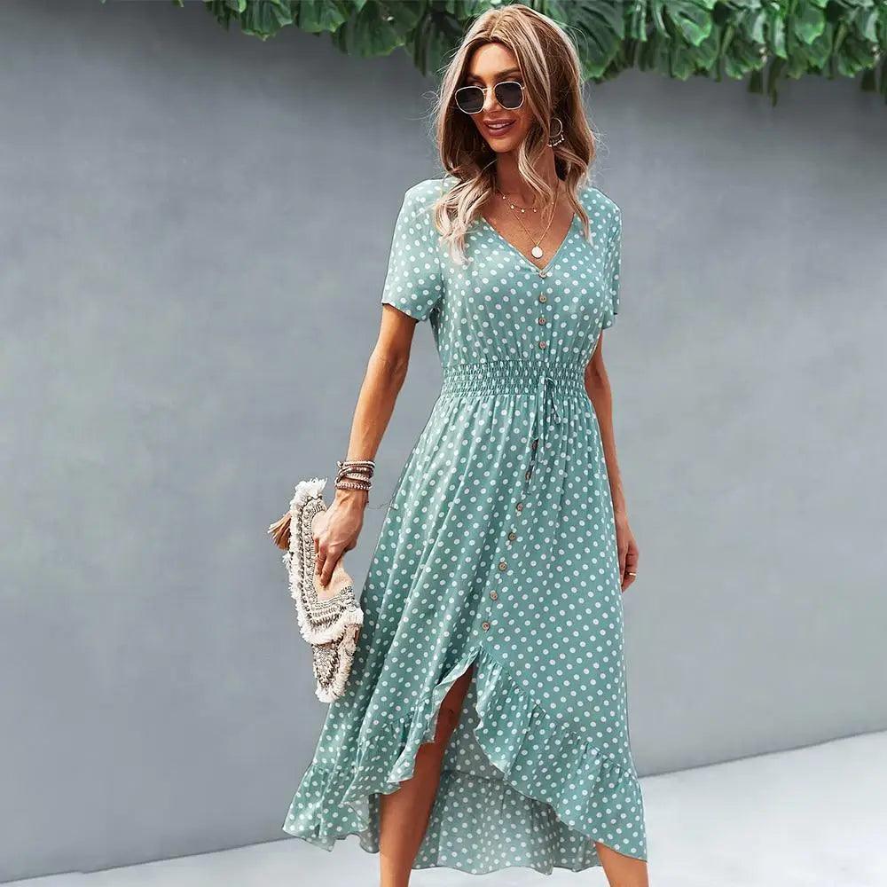 Women’s Boho Polka Dot Maxi Dress – Short Sleeve Beach Party Style