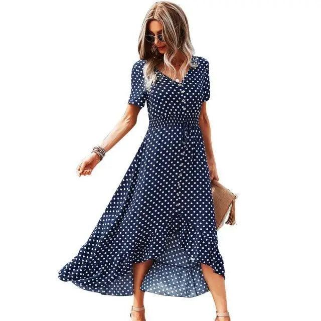 Women’s Boho Polka Dot Maxi Dress – Short Sleeve Beach Party Style