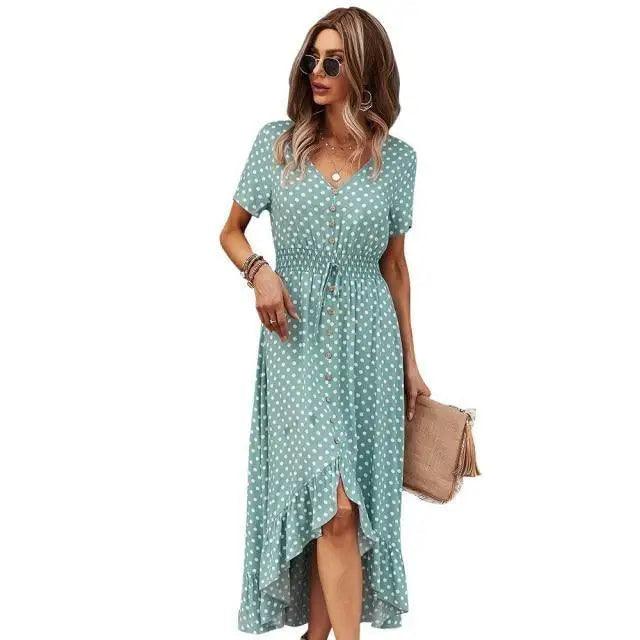 Women’s Boho Polka Dot Maxi Dress – Short Sleeve Beach Party Style