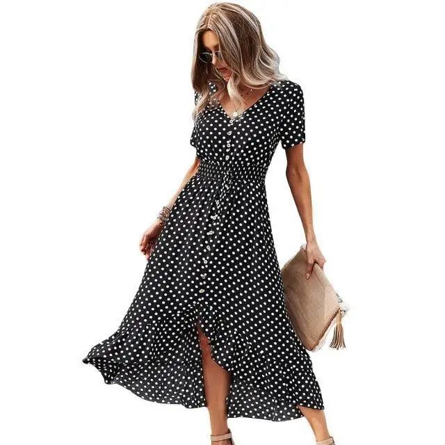 Women’s Boho Polka Dot Maxi Dress – Short Sleeve Beach Party Style