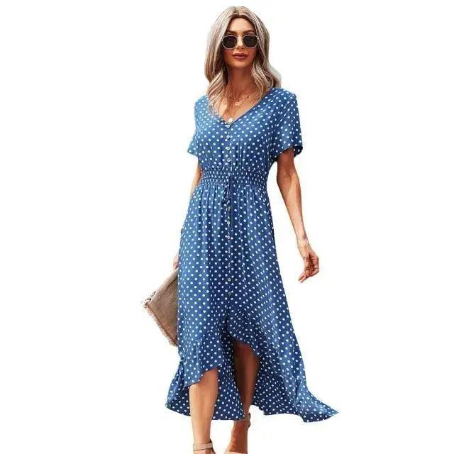 Women’s Boho Polka Dot Maxi Dress – Short Sleeve Beach Party Style
