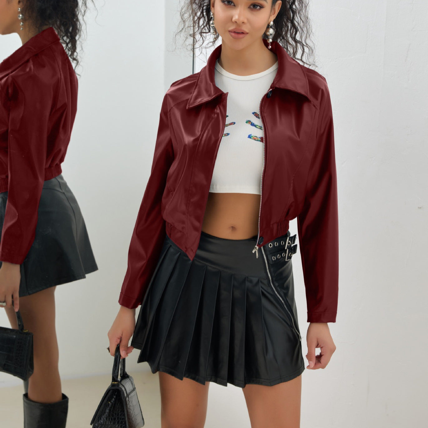 Women’s Retro PU Leather Motorcycle Jacket – Short Zipper Coat