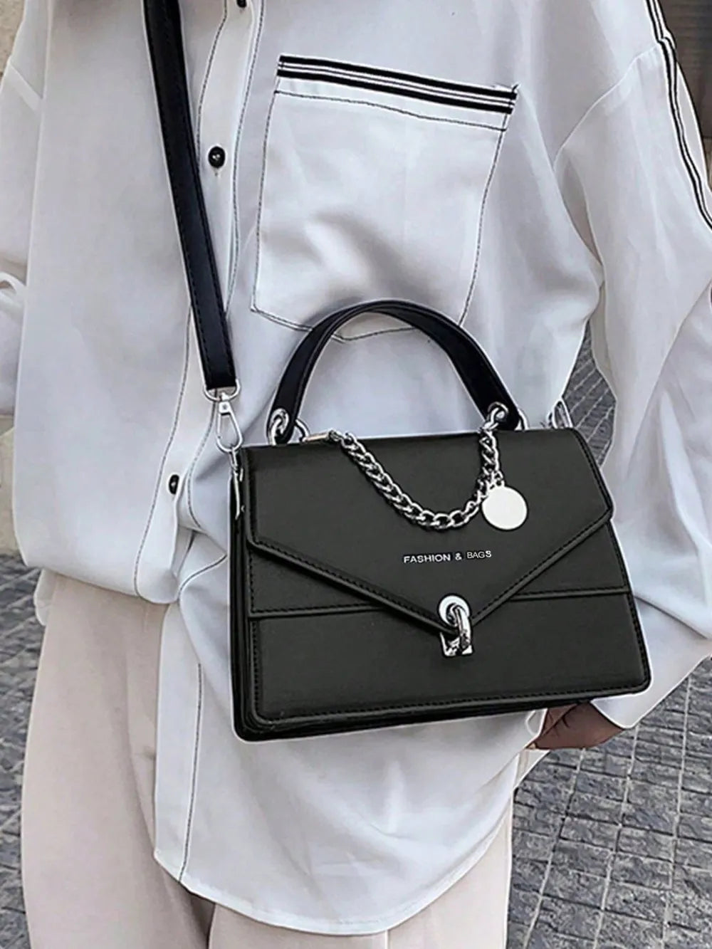Leather Handbag with Detachable Chain Shoulder Strap