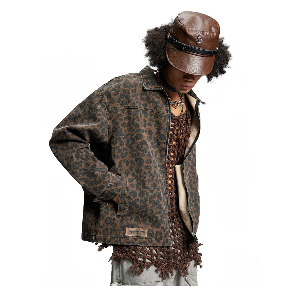 Men’s Leopard Print Denim Jacket – Loose Punk Washed Outerwear