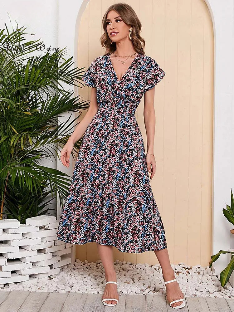 Women’s Chiffon Floral Maxi Dress – V-Neck Elastic Waist Summer Dress