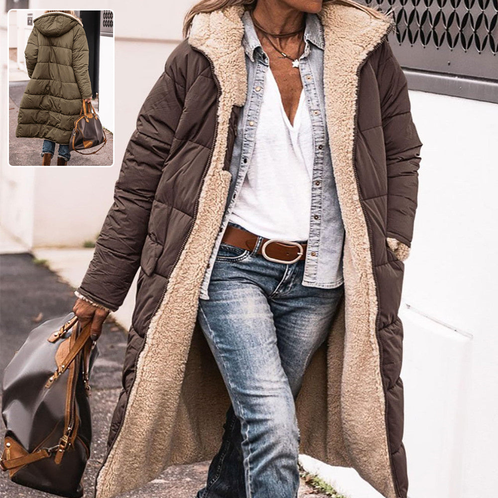 Women’s Hooded Long Coat – Double-Sided Wear Slim Winter Cardigan Jacket