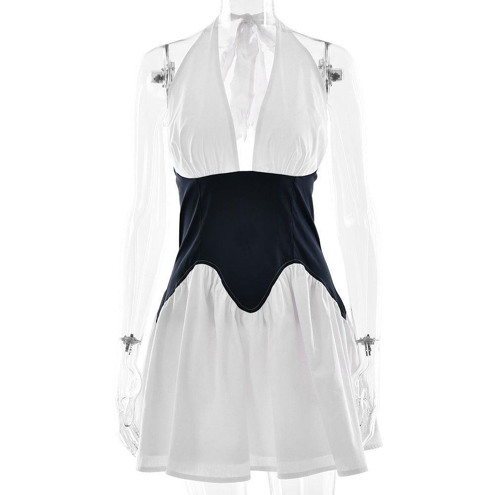 Women’s Halter A-Line Dress – Deep V-Neck Waist-Cinching Style