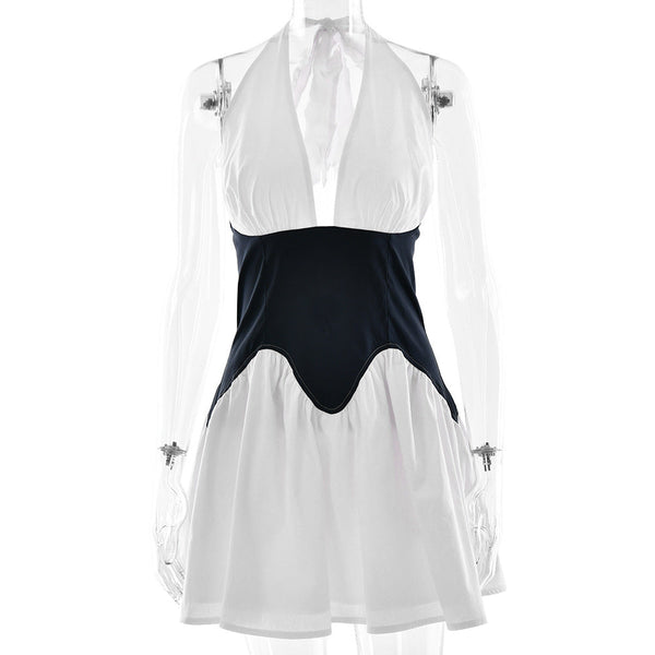 Women’s Halter A-Line Dress – Deep V-Neck Waist-Cinching Style