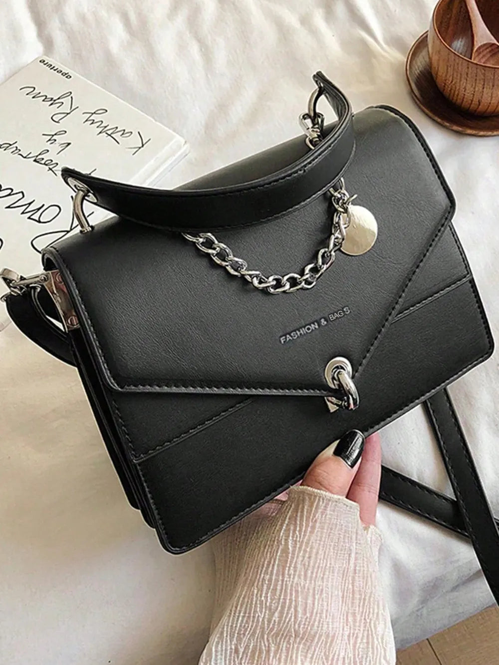 Leather Handbag with Detachable Chain Shoulder Strap