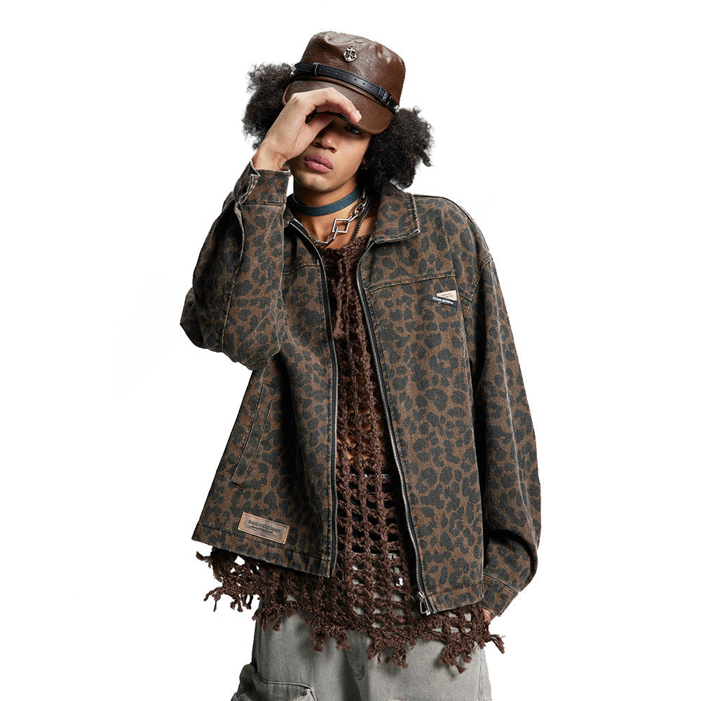 Men’s Leopard Print Denim Jacket – Loose Punk Washed Outerwear