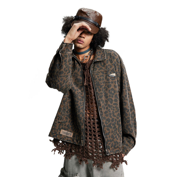Men’s Leopard Print Denim Jacket – Loose Punk Washed Outerwear