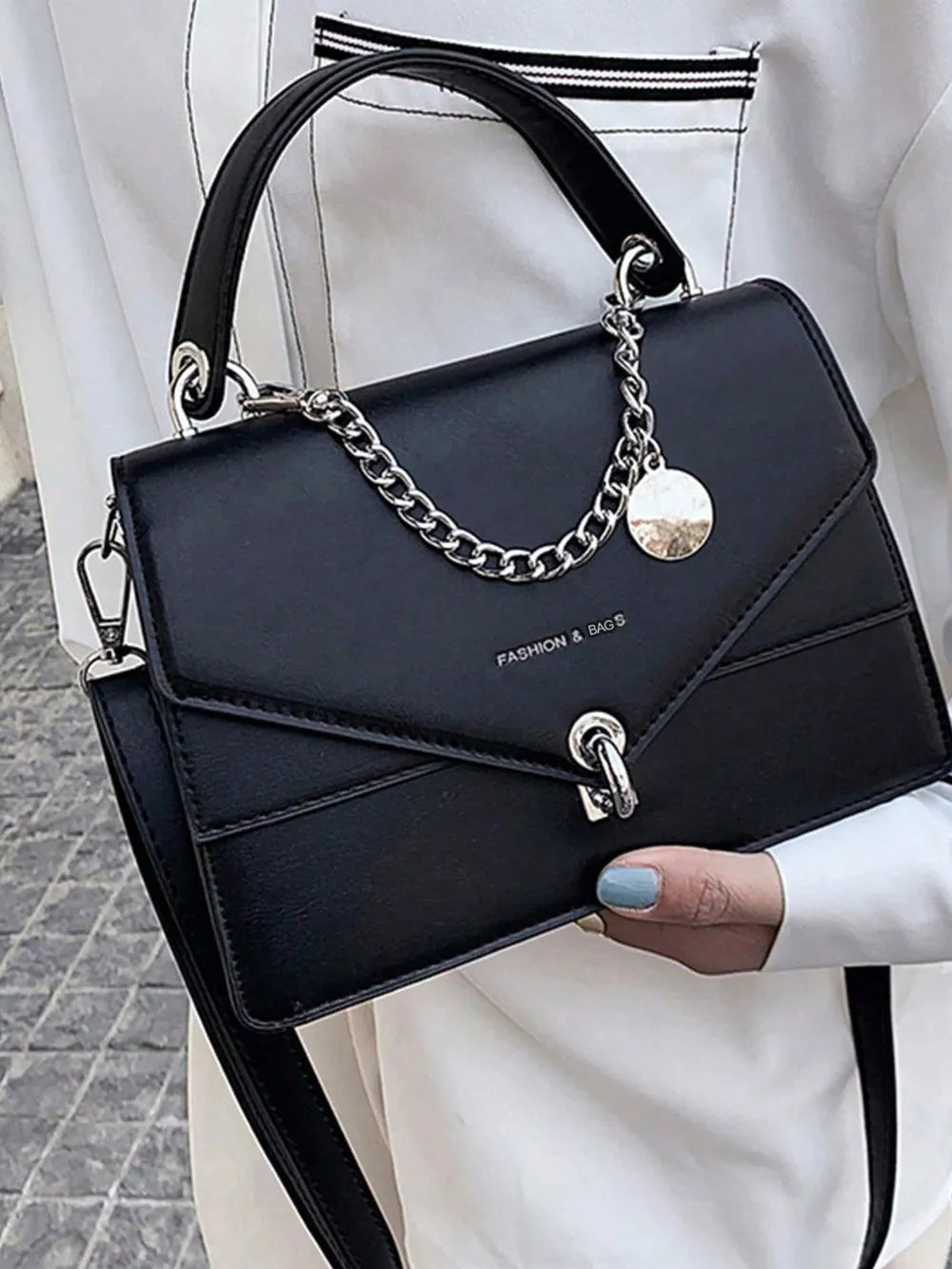 Leather Handbag with Detachable Chain Shoulder Strap