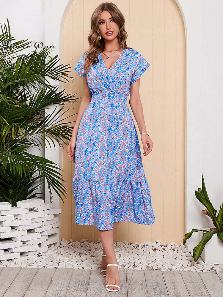 Women’s Chiffon Floral Maxi Dress – V-Neck Elastic Waist Summer Dress