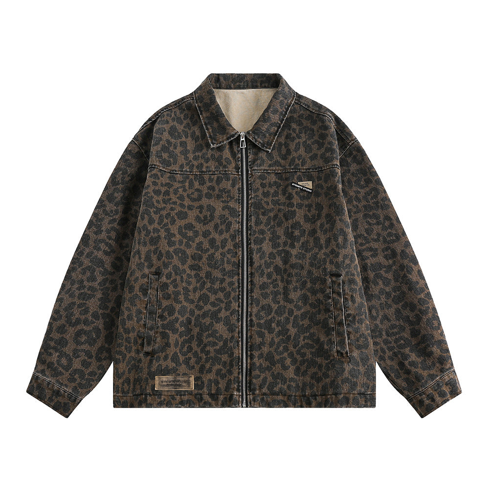 Men’s Leopard Print Denim Jacket – Loose Punk Washed Outerwear