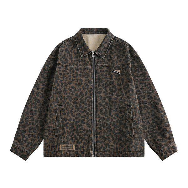 Men’s Leopard Print Denim Jacket – Loose Punk Washed Outerwear