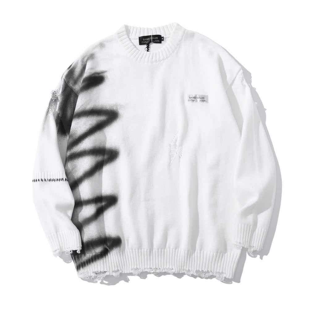 Men’s Graffiti Print Knit Sweater – Loose Fit Street Pullover