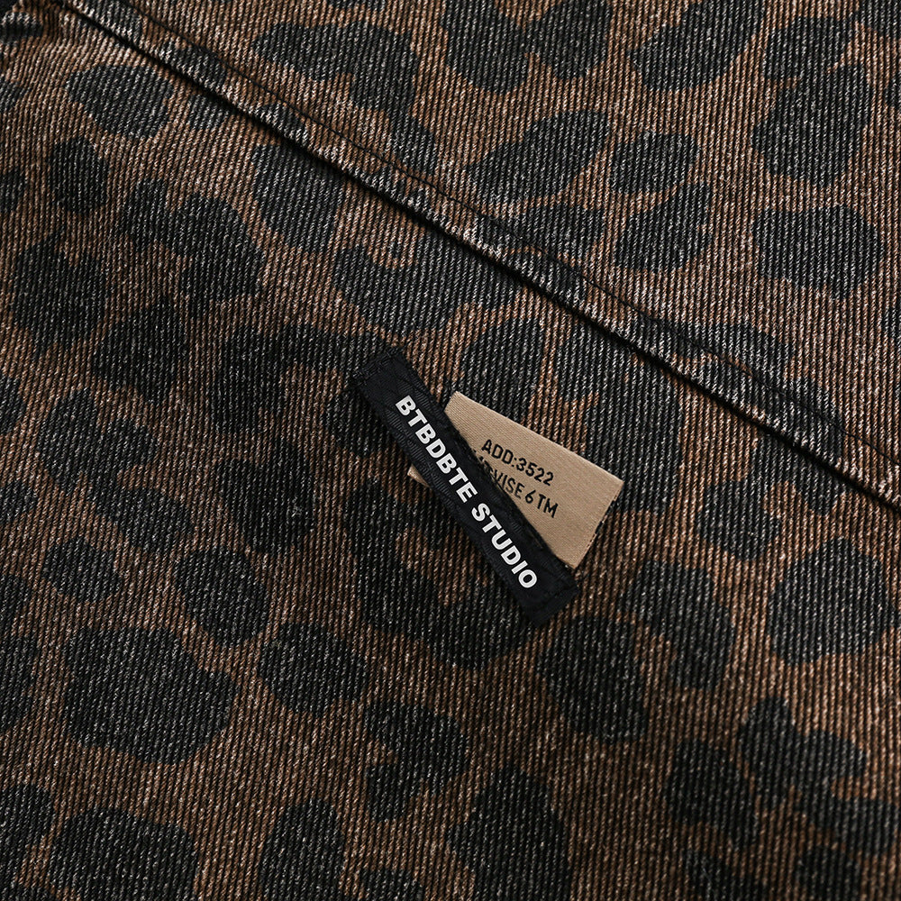 Men’s Leopard Print Denim Jacket – Loose Punk Washed Outerwear