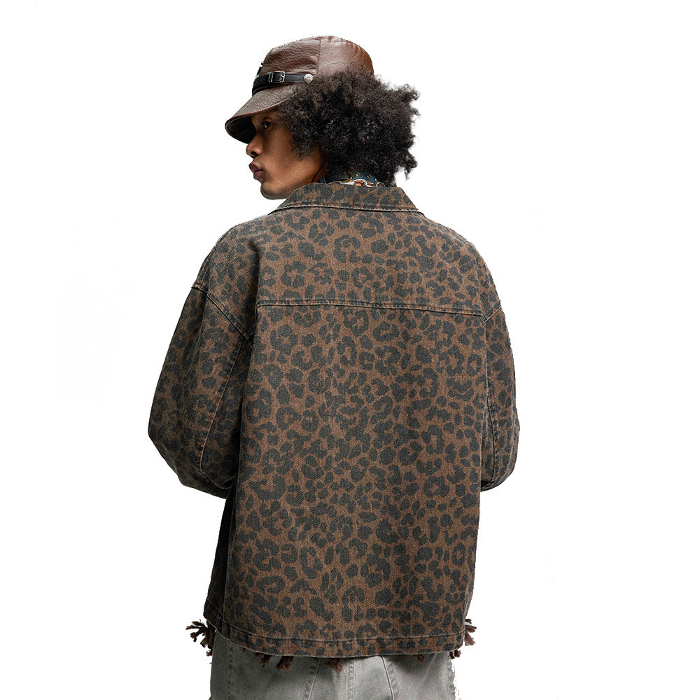 Men’s Leopard Print Denim Jacket – Loose Punk Washed Outerwear