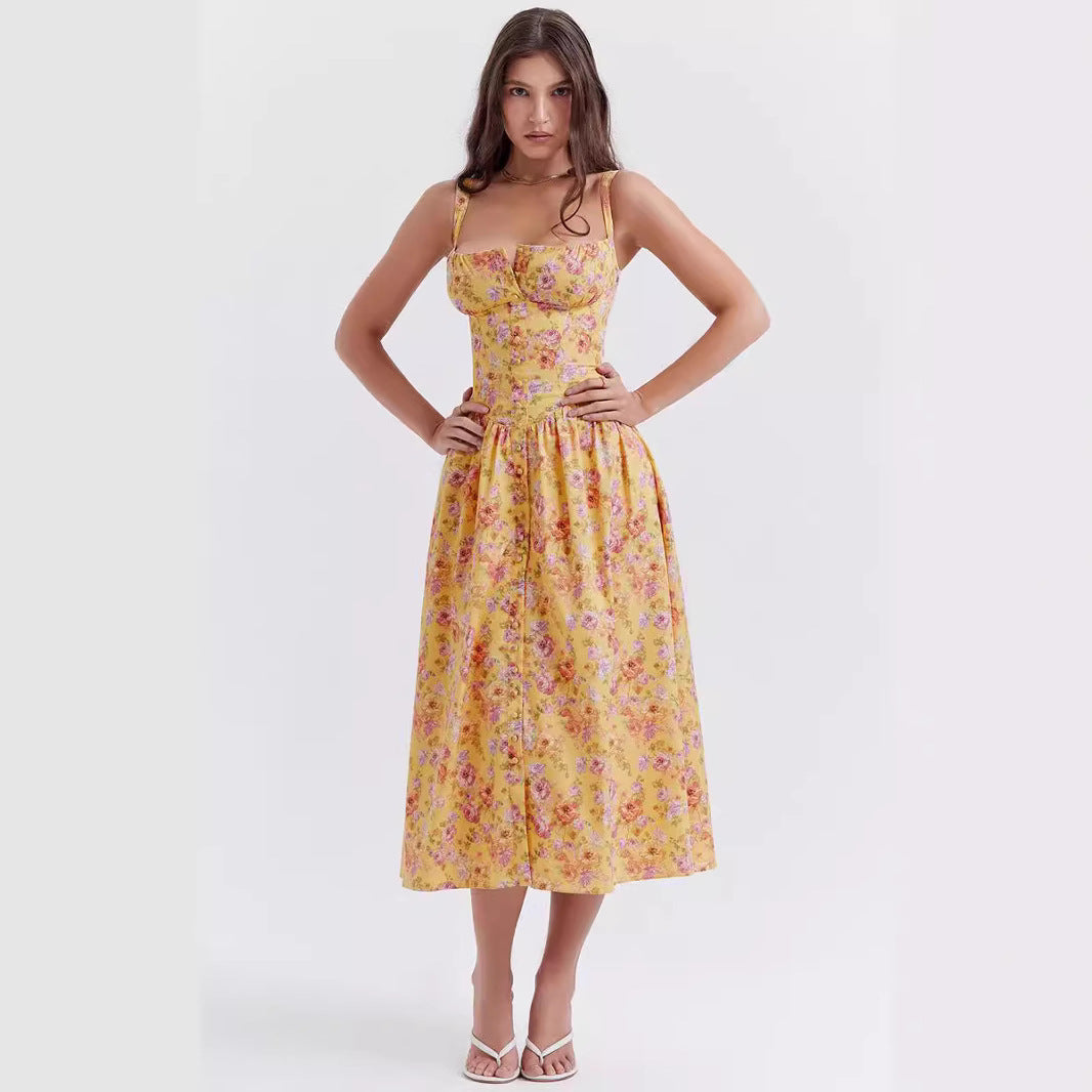 Women’s Floral Lace-Up Halter Dress – French Style Holiday Party Dress