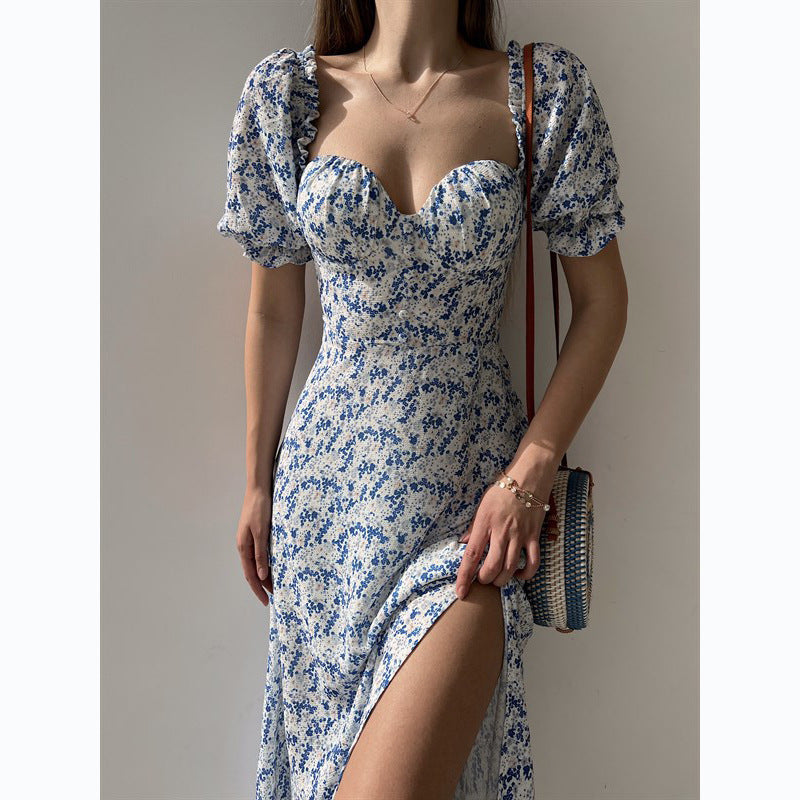 Women’s Floral Maxi Dress – Strapless Square Neck High Slit