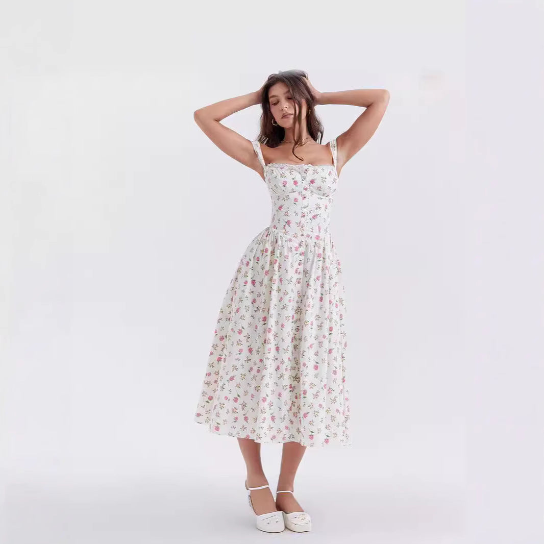 Women’s Floral Lace-Up Halter Dress – French Style Holiday Party Dress