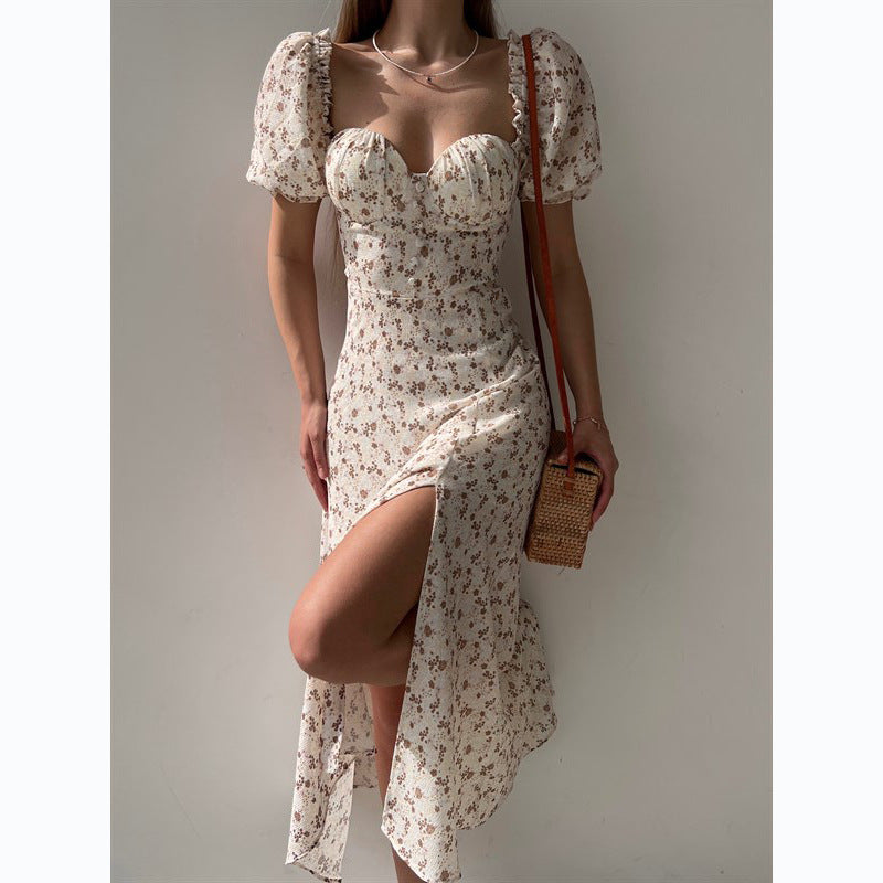 Women’s Floral Maxi Dress – Strapless Square Neck High Slit