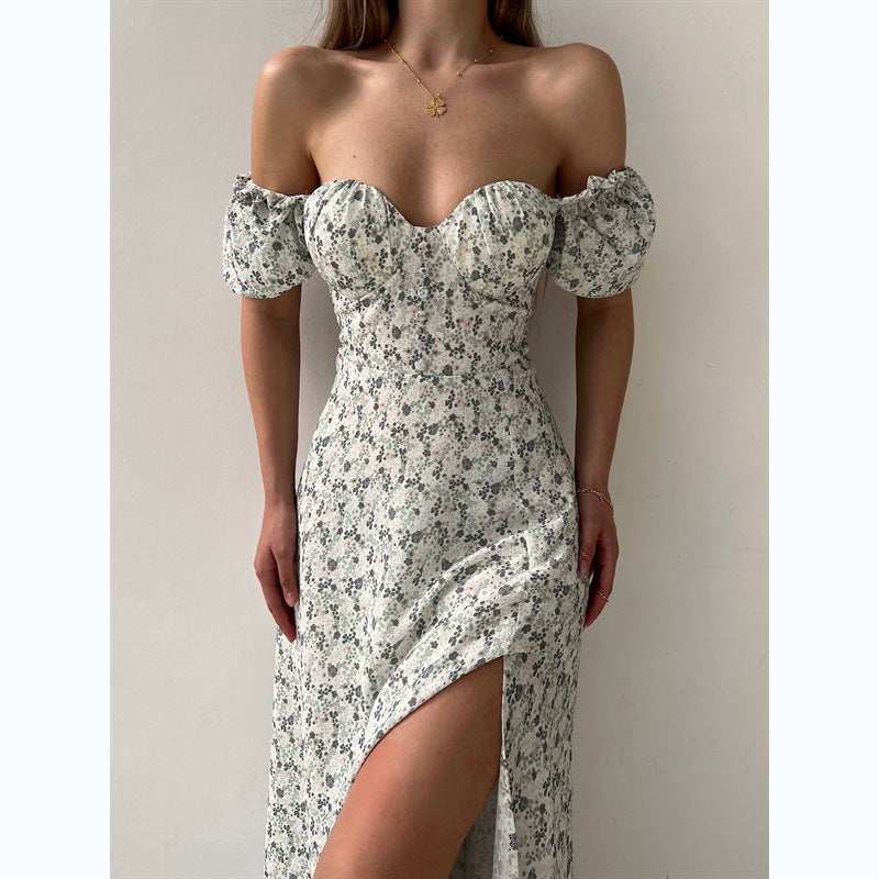 Women’s Floral Maxi Dress – Strapless Square Neck High Slit