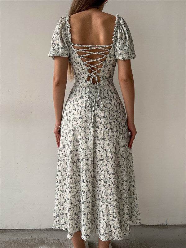 Women’s Floral Maxi Dress – Strapless Square Neck High Slit