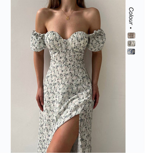 Women’s Floral Maxi Dress – Strapless Square Neck High Slit
