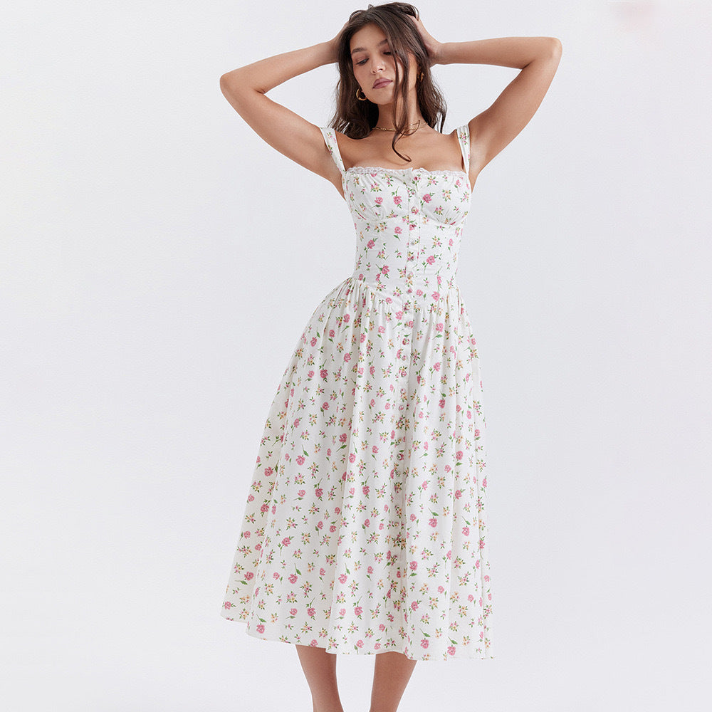 Women’s Floral Lace-Up Halter Dress – French Style Holiday Party Dress