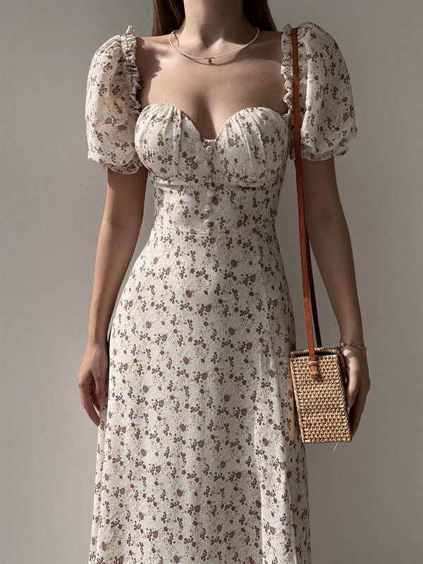 Women’s Floral Maxi Dress – Strapless Square Neck High Slit