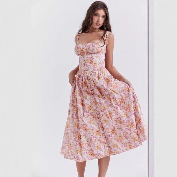 Women’s Floral Lace-Up Halter Dress – French Style Holiday Party Dress