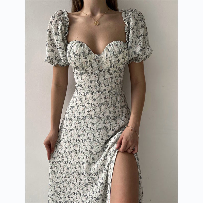 Women’s Floral Maxi Dress – Strapless Square Neck High Slit