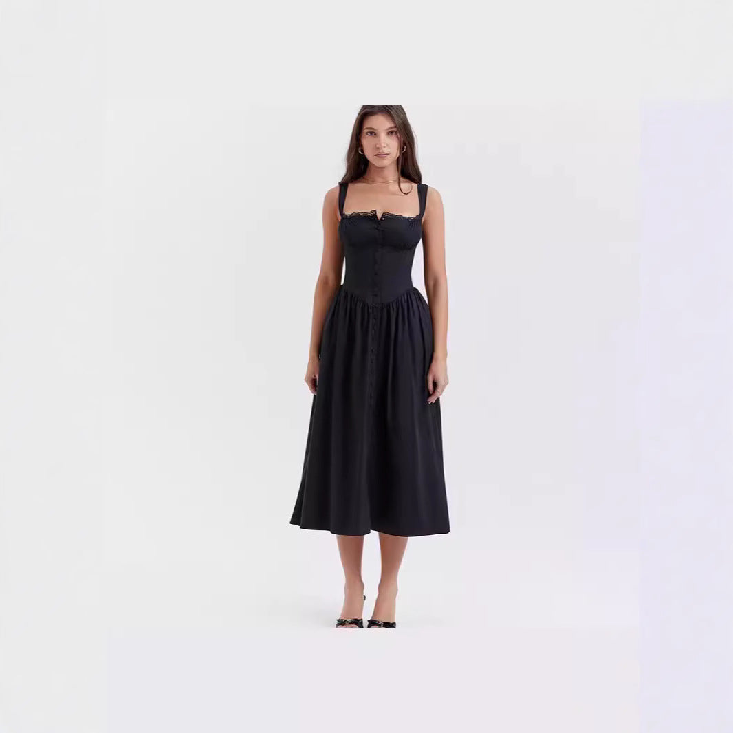 Women’s Floral Lace-Up Halter Dress – French Style Holiday Party Dress