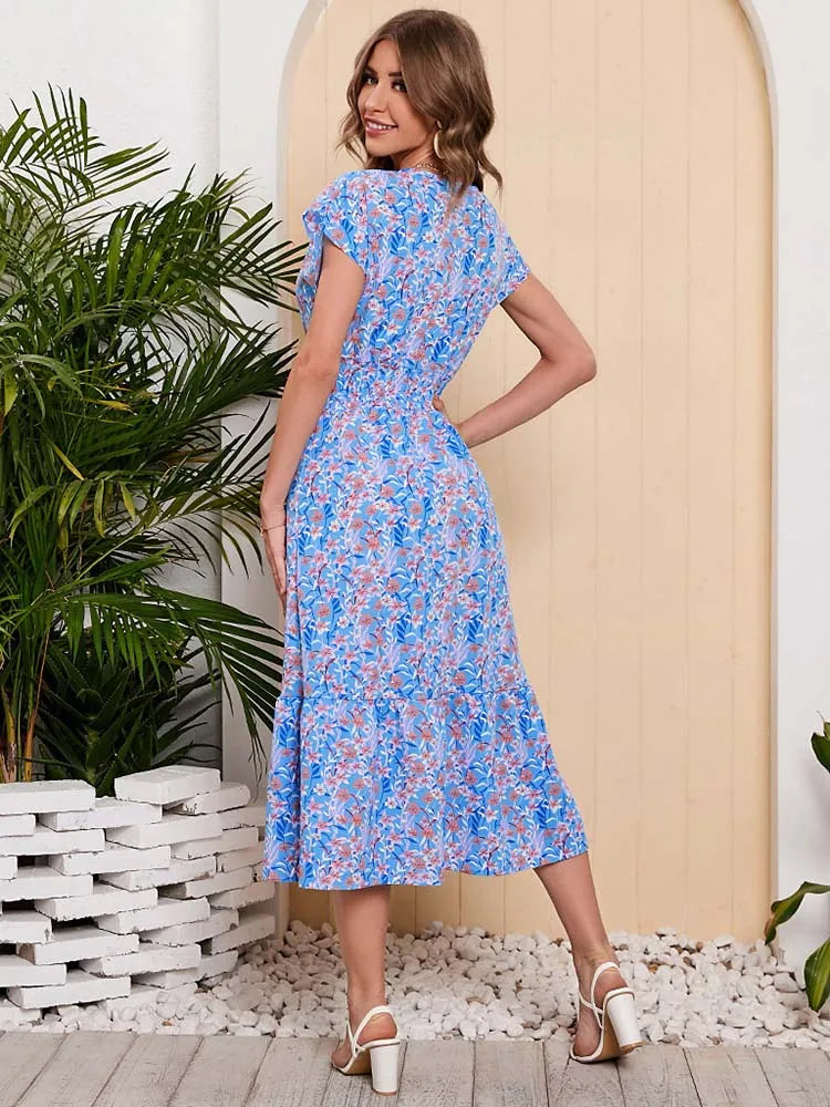 Women’s Chiffon Floral Maxi Dress – V-Neck Elastic Waist Summer Dress