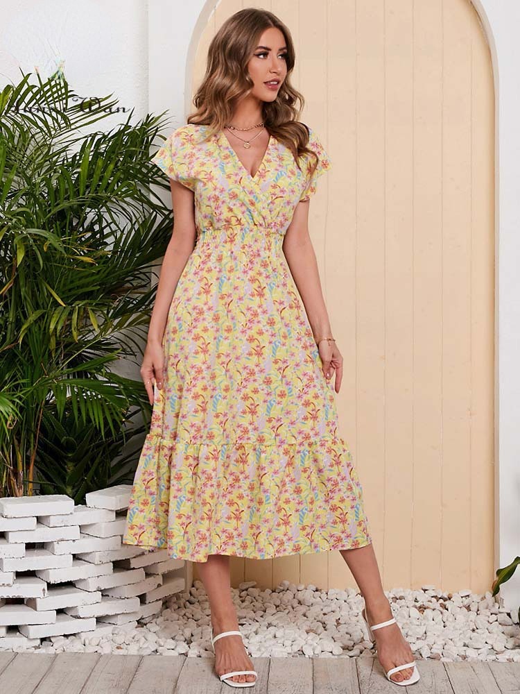 Women’s Chiffon Floral Maxi Dress – V-Neck Elastic Waist Summer Dress