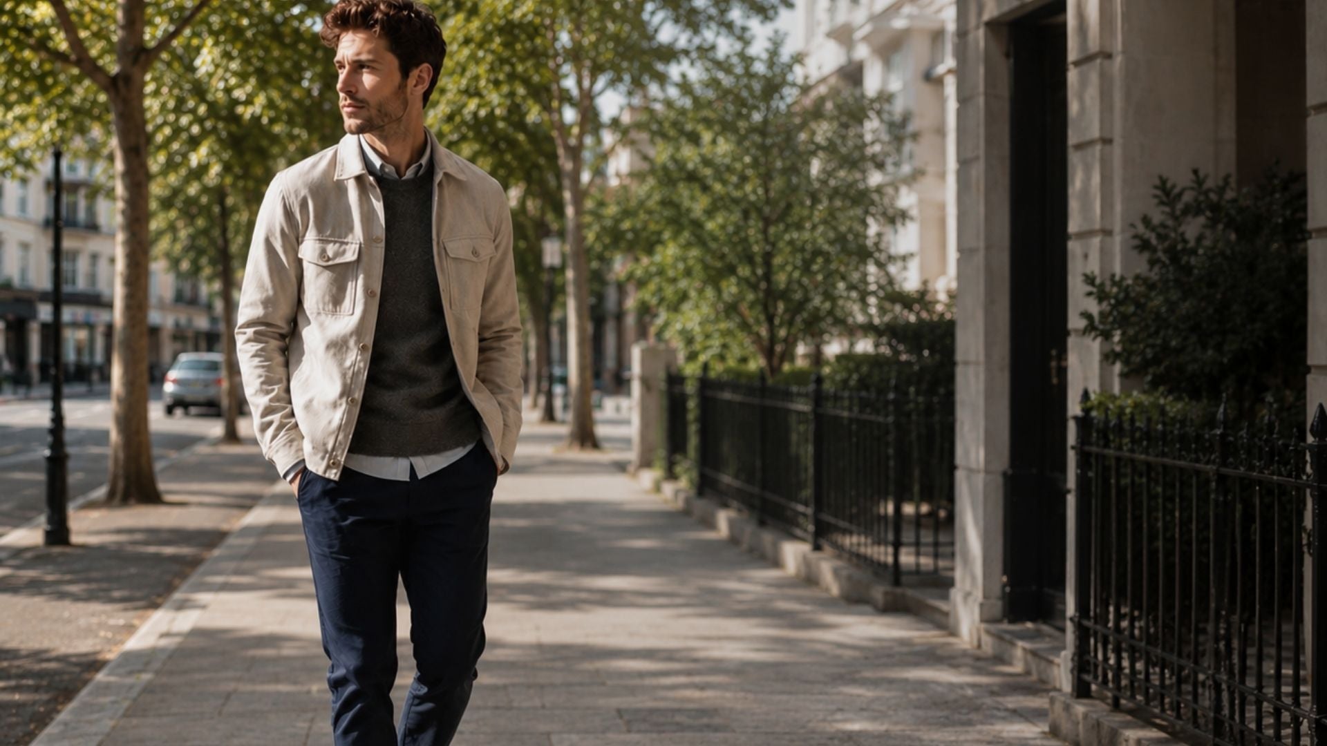 Man walking on a city street wearing a beige jacket and dark jeans.