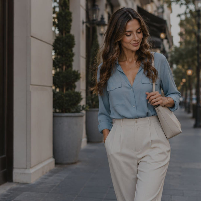 Woman walking on a city street wearing a blue shirt and white pants.