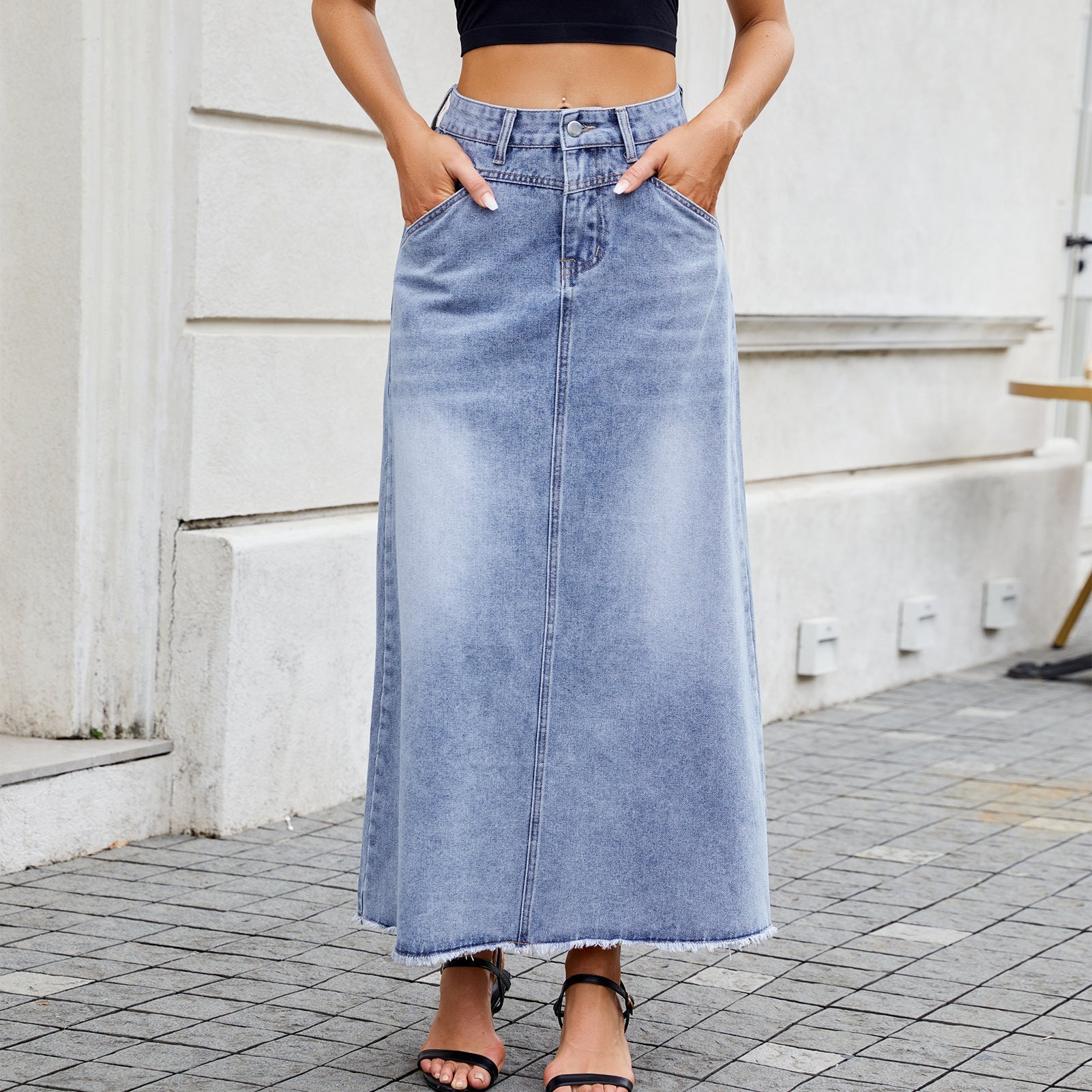 Women’s High-Waisted Denim Midi Skirt – Loose Fit Pocket Design
