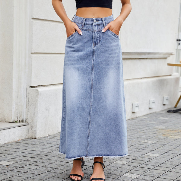 Women’s High-Waisted Denim Midi Skirt – Loose Fit Pocket Design