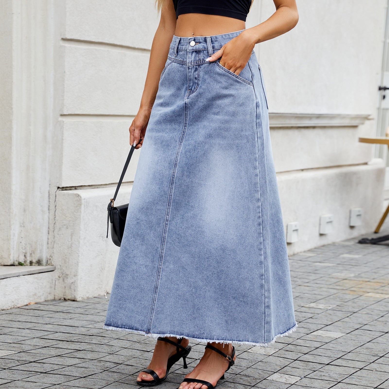 Women’s High-Waisted Denim Midi Skirt – Loose Fit Pocket Design