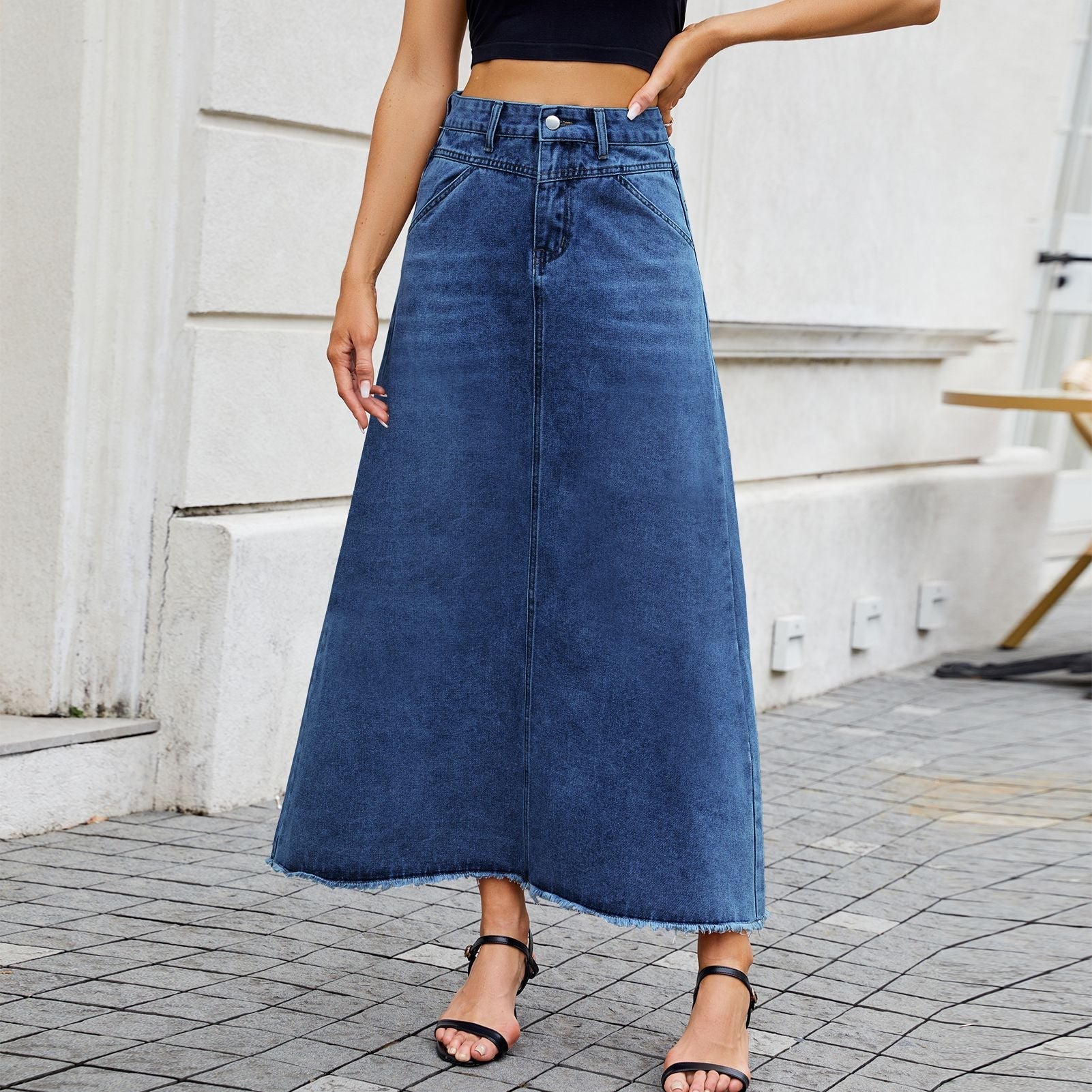 Women’s High-Waisted Denim Midi Skirt – Loose Fit Pocket Design