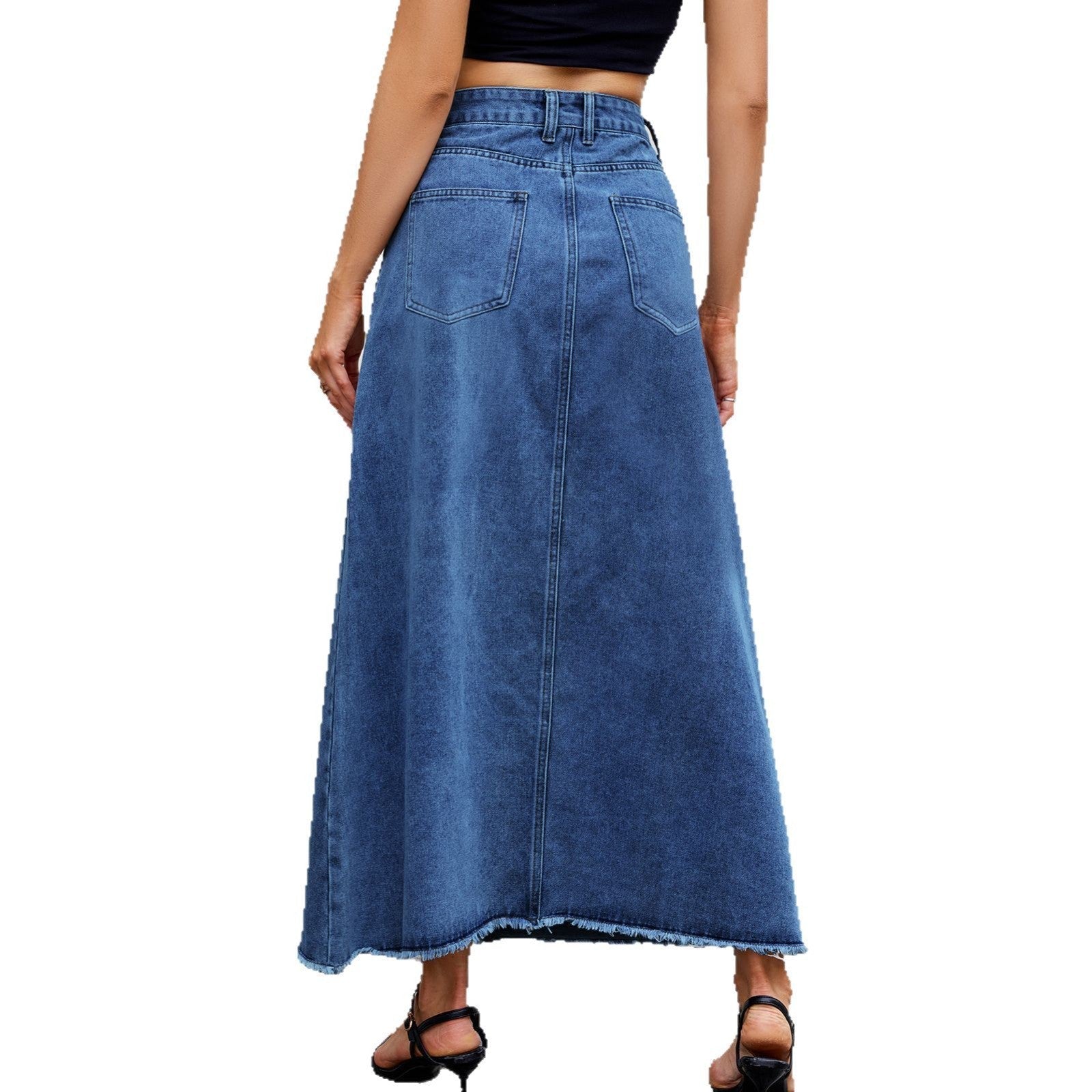 Women’s High-Waisted Denim Midi Skirt – Loose Fit Pocket Design