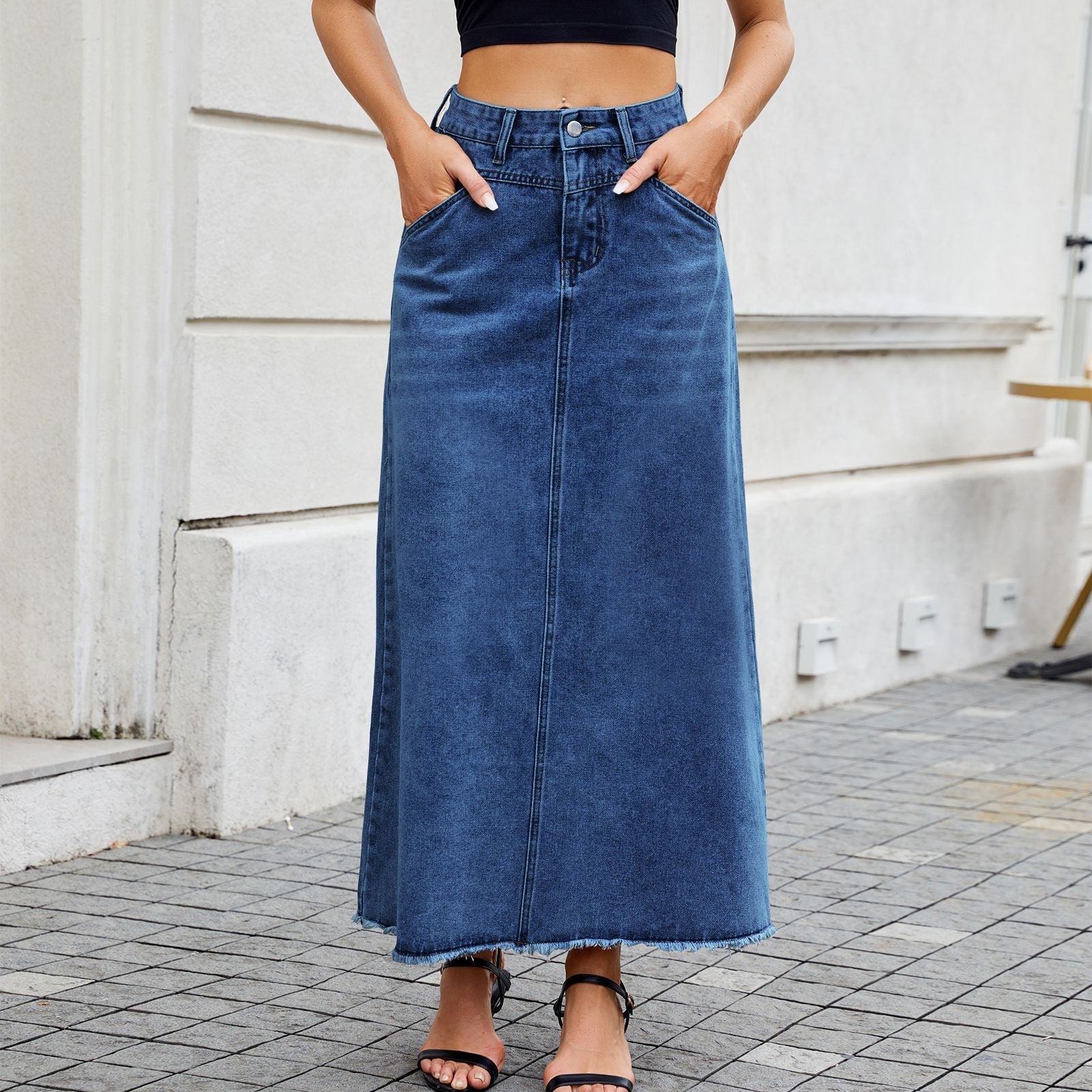 Women’s High-Waisted Denim Midi Skirt – Loose Fit Pocket Design