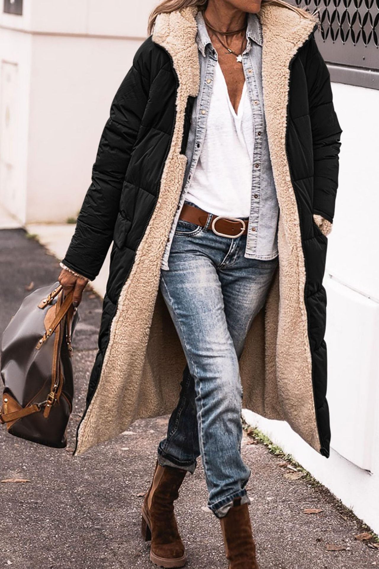 Women’s Hooded Long Coat – Double-Sided Wear Slim Winter Cardigan Jacket