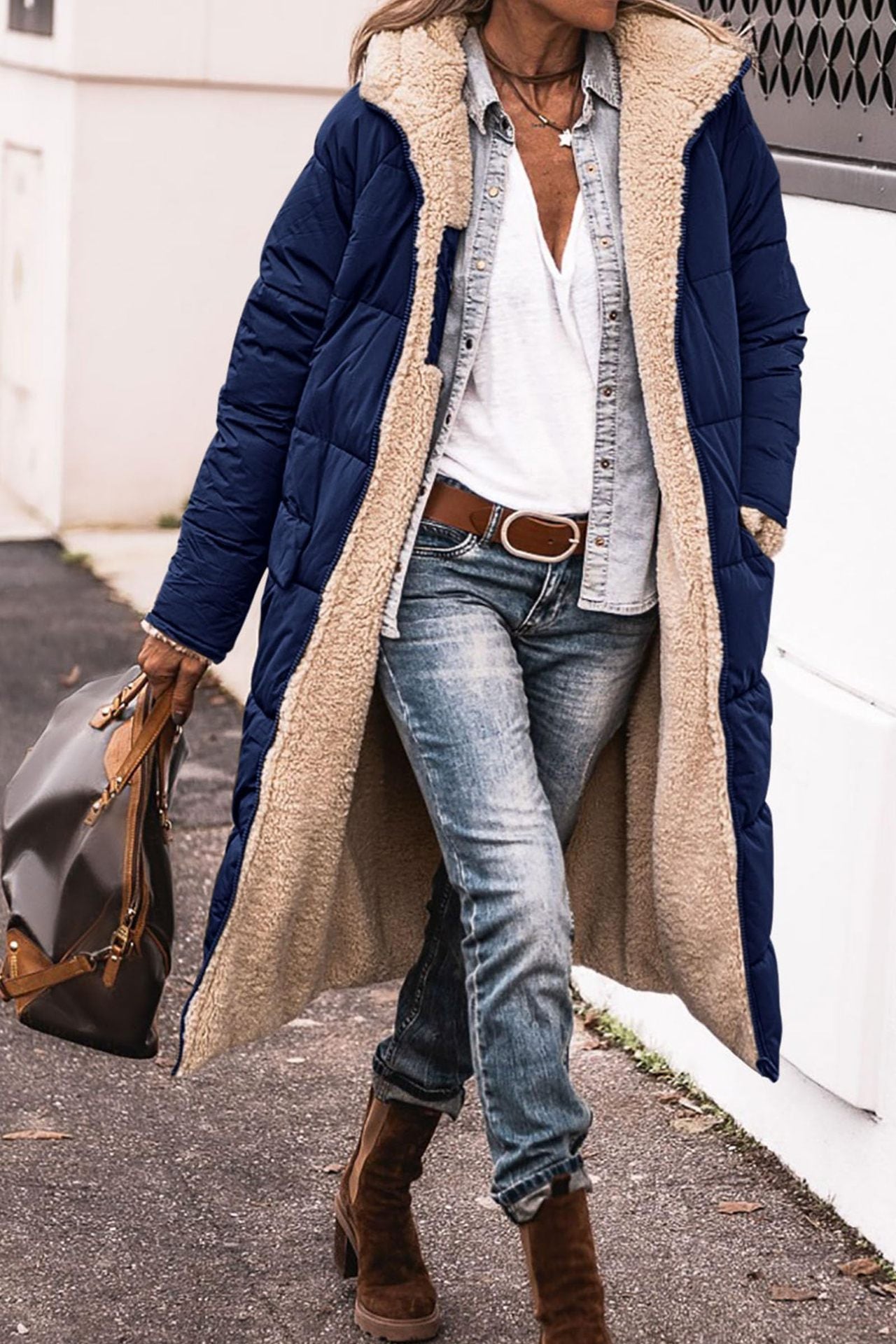 Women’s Hooded Long Coat – Double-Sided Wear Slim Winter Cardigan Jacket